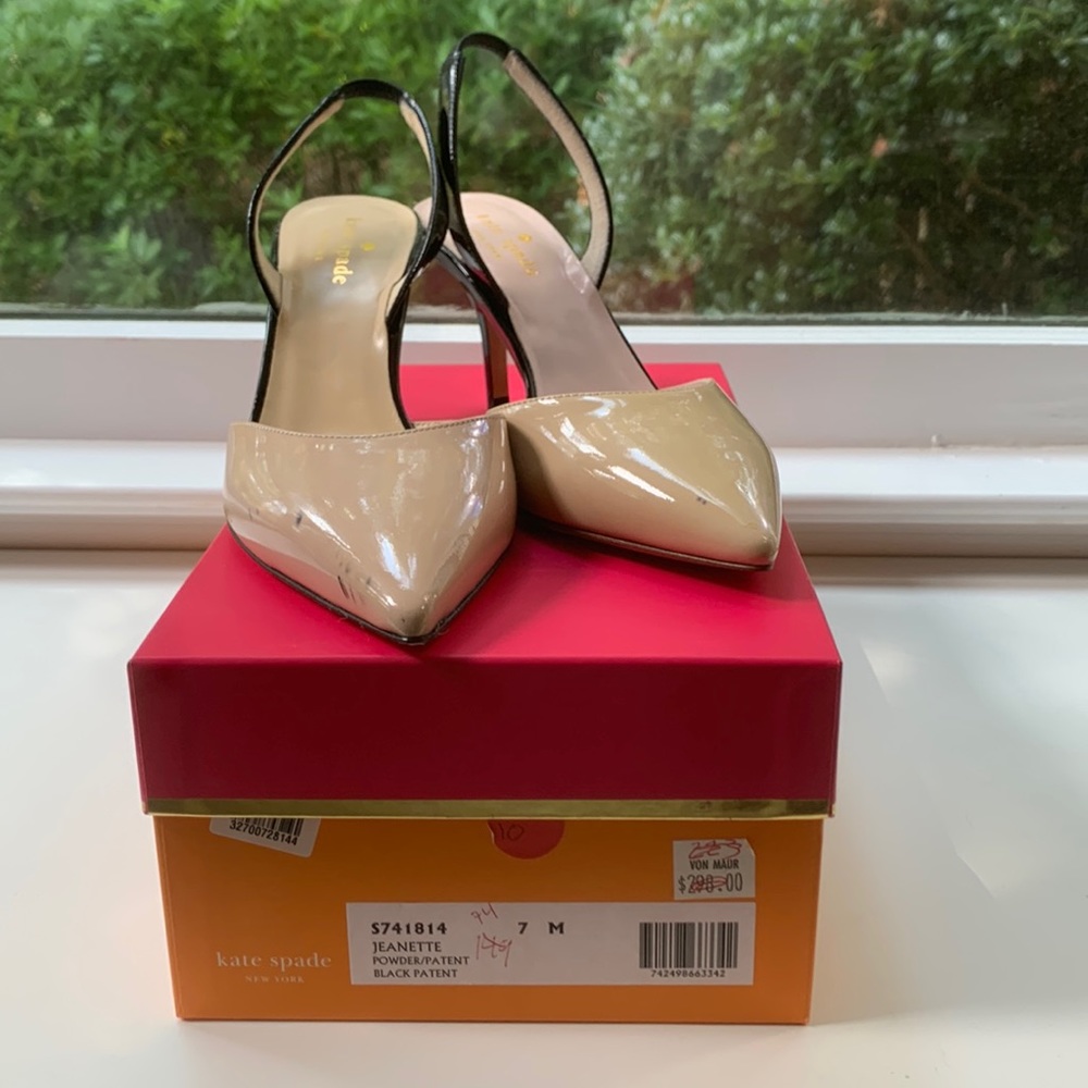 Kate Spade Jeanette powder and black patent leather heels
